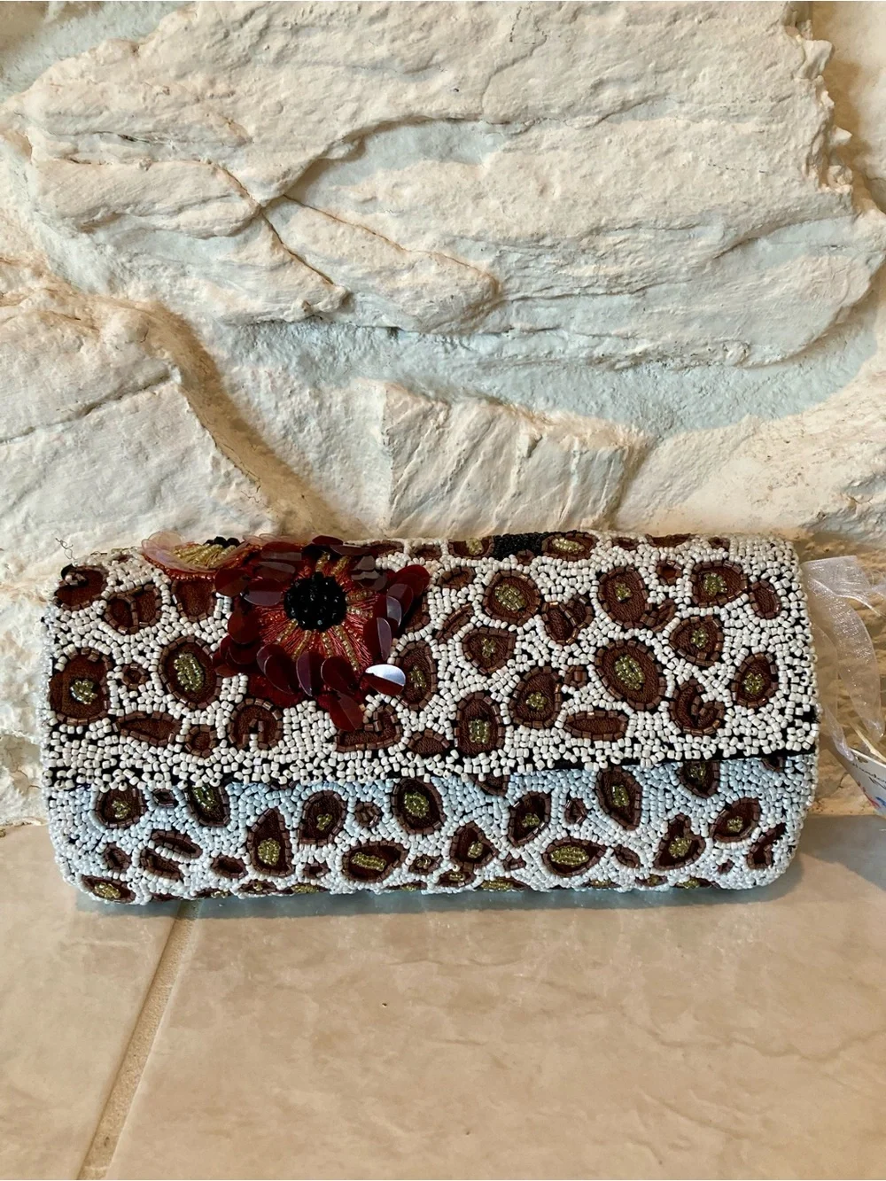 NWT “Handcrafted in India” flap front glass beaded leopard print pattern clutch
